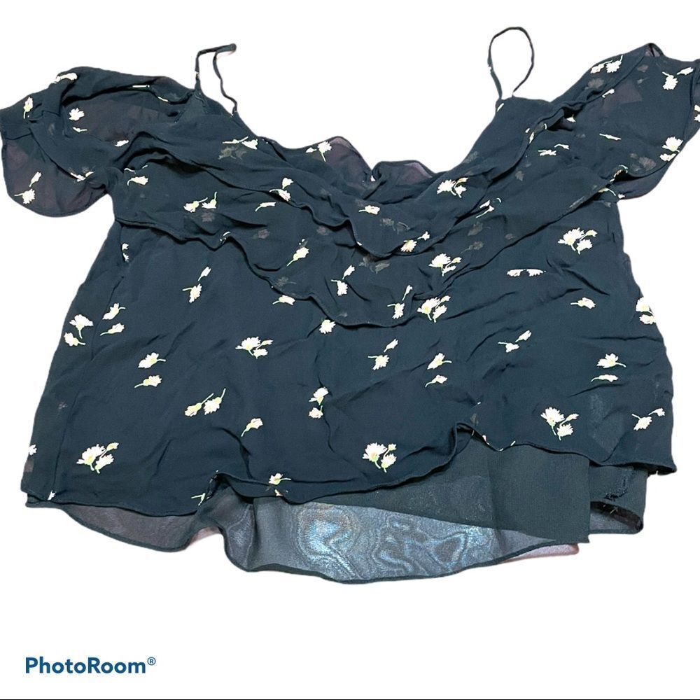 ZARA TRAFALUC  black floral chiffon off shoulder top - Picture 7 of 8